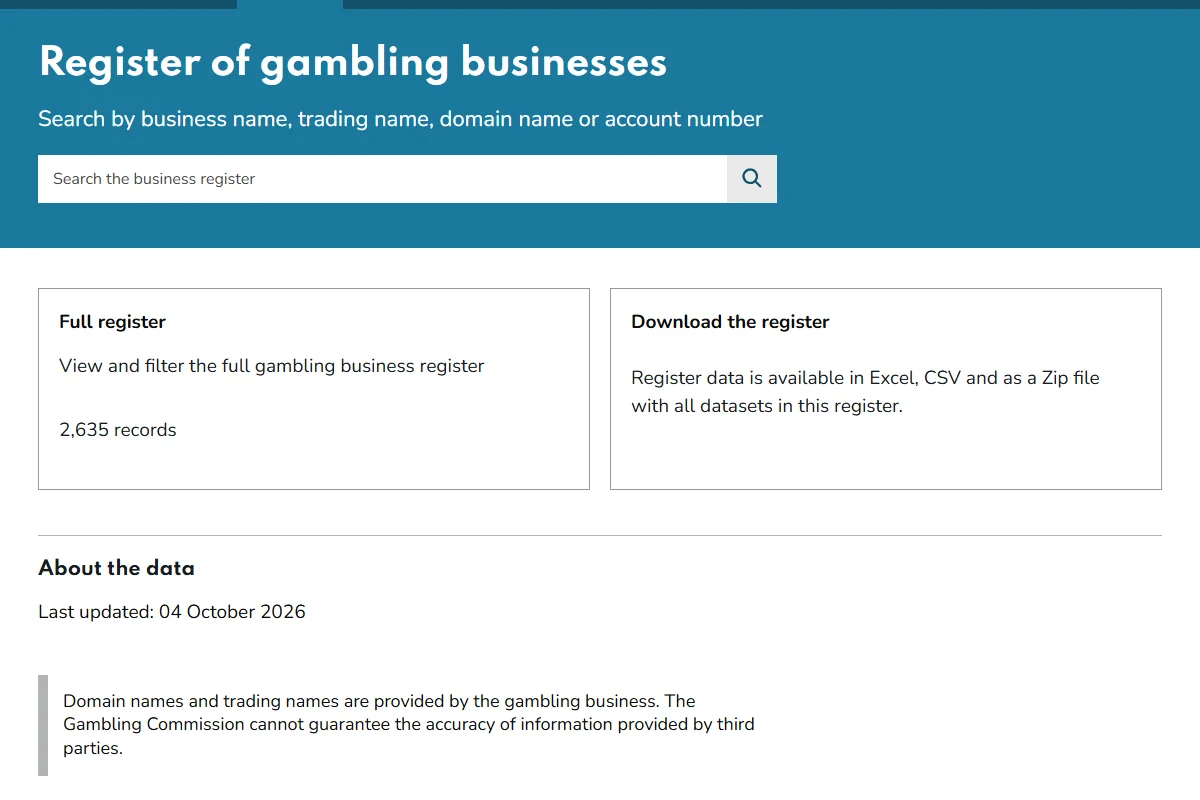 Gambling Commission business register with a search by company or domain